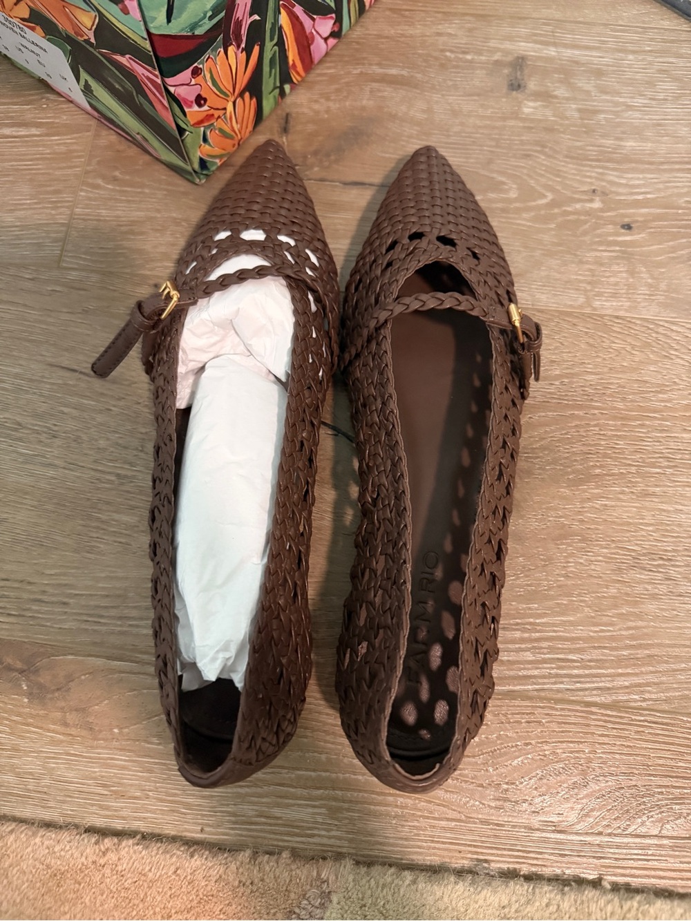 Woven Pointed Toe Flats - Brown